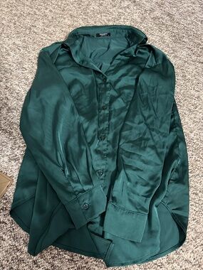 Green Satin Button-Up Blouse